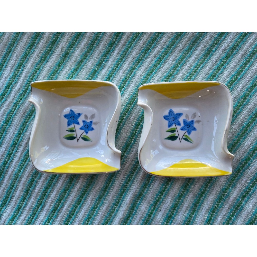 Vintage Celebrate Japan Porcelain Ash Trays Trinket Dishes Blue Floral Set of 2
